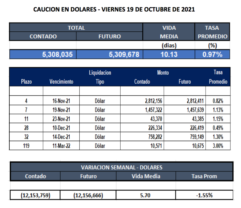 Cauciones bursátiles en dolares al 19 de noviembre 2021