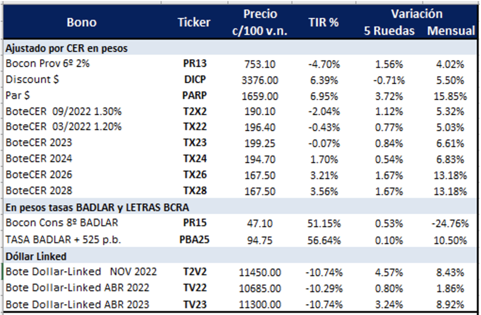 Bonos argentinos emitidos en pesos al 21 de enero 2022