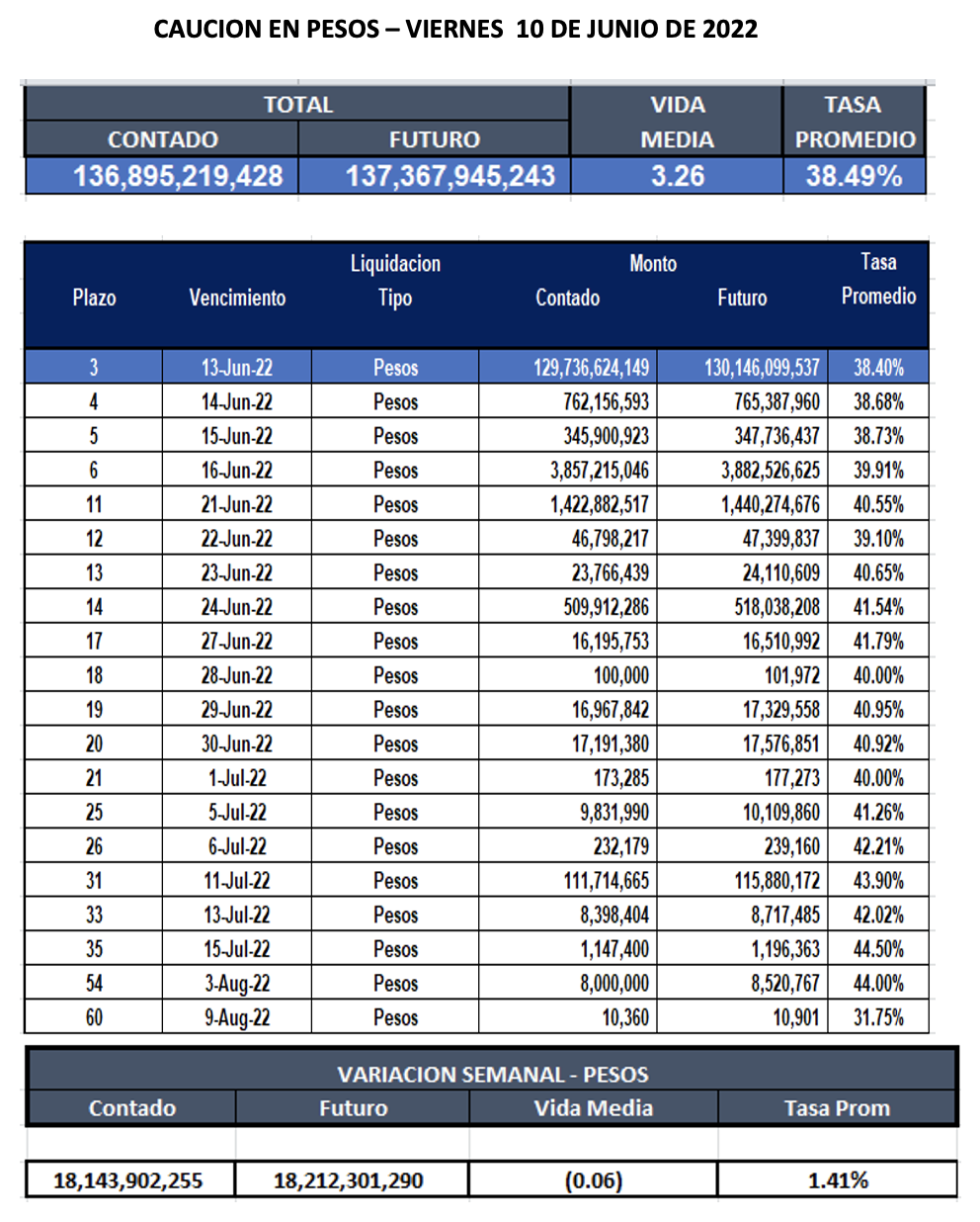 Cauciones bursátiles en pesos al 10 de Junio 2022