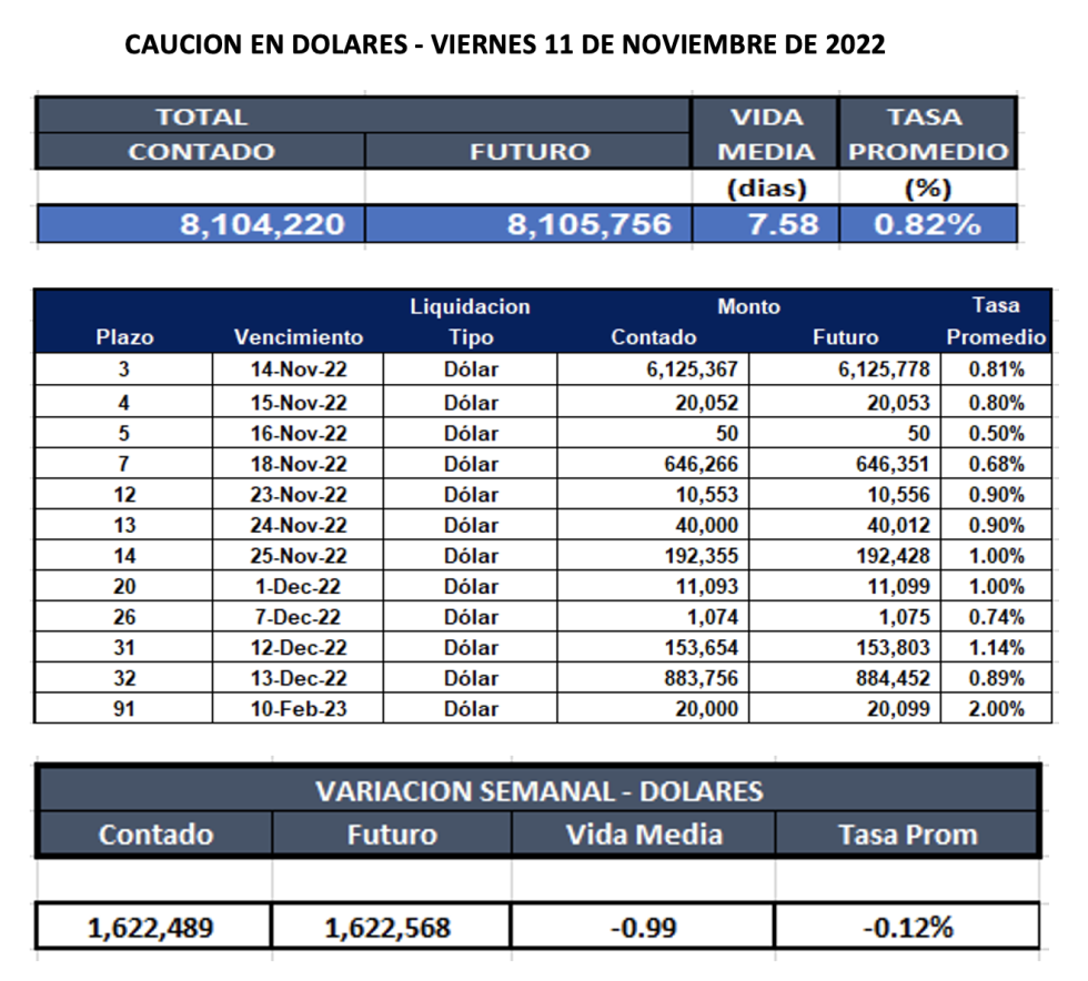 Cauciones bursátiles en dólares al 11 de noviembre 2022