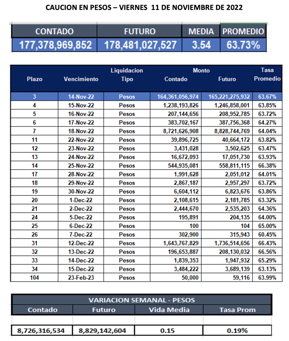 Cauciones bursátiles en pesos al 11 de noviembre 2022