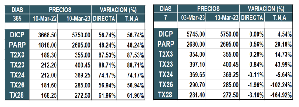 Bonos argentinos en pesos al 10 de marzo 2023
