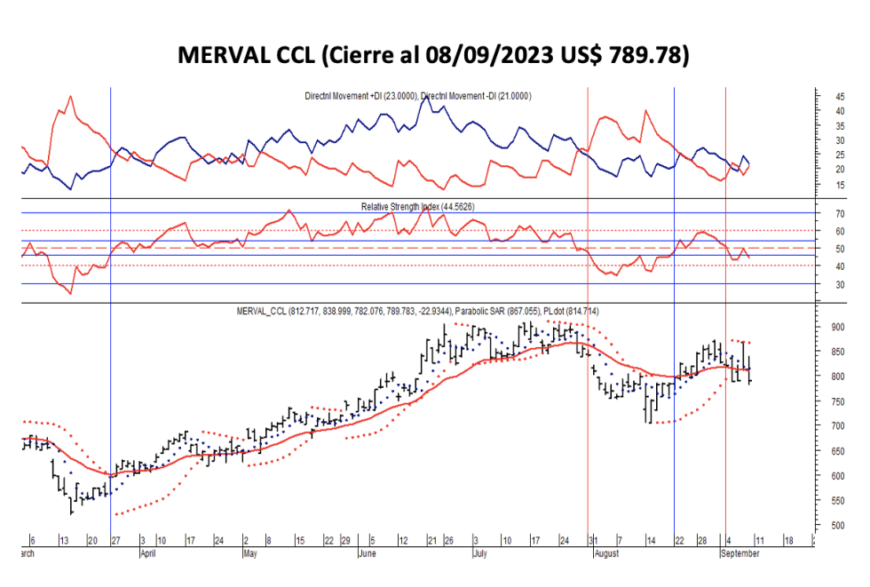Indices bursátiles - MERVAL CCL al 8 de septiembre 2023
