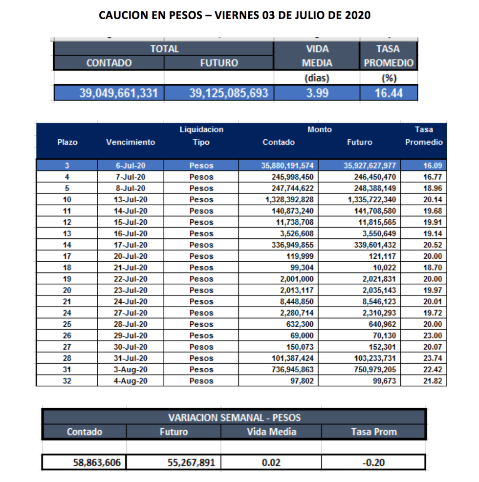 Cauciones en pesos al 3 de julio 2020