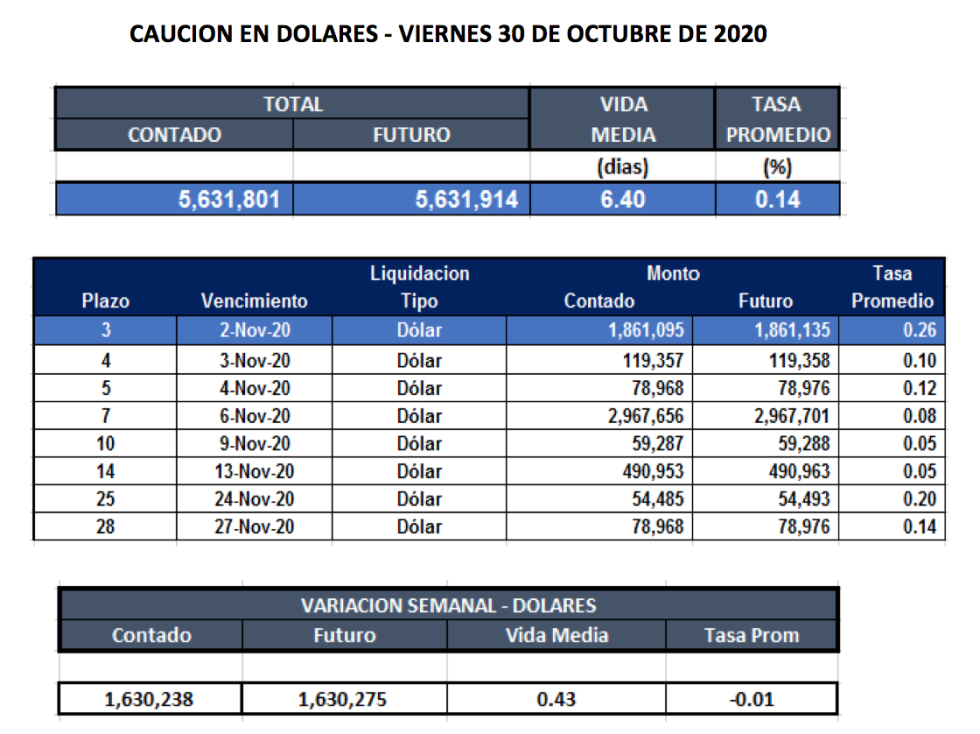 Cauciones bursátiles en dólares al 30 de octubre 2020