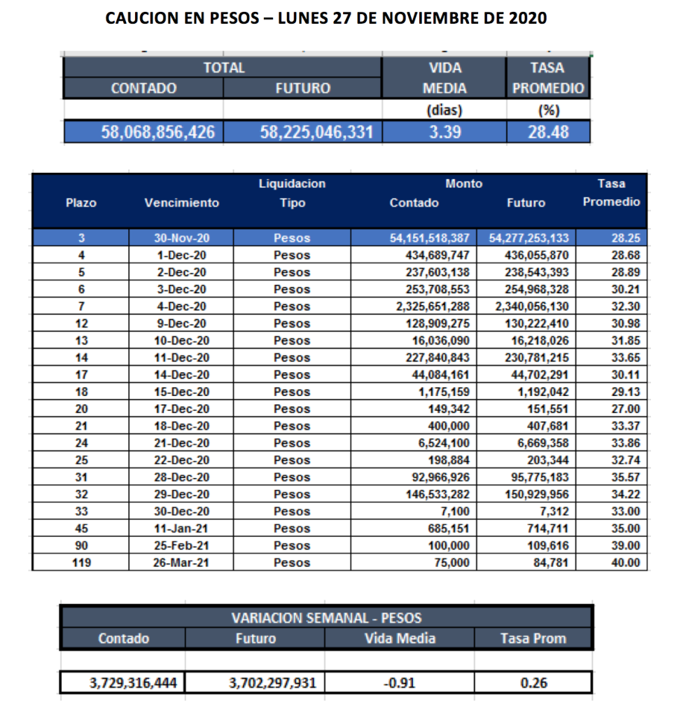 Cauciones bursátiles en pesos al 27 de noviembre 2020