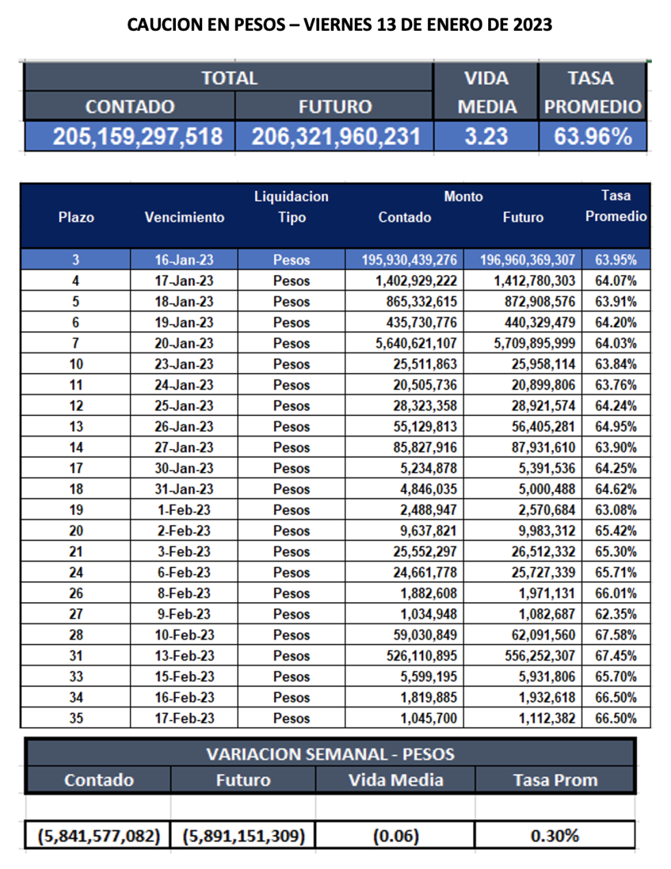 Cauciones bursátiles en pesos al 13 de enero 2023