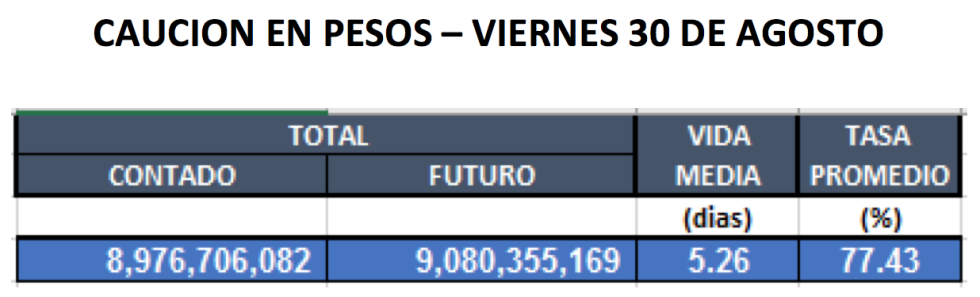 Cauciones en pesos al 30 de Agosto 2019