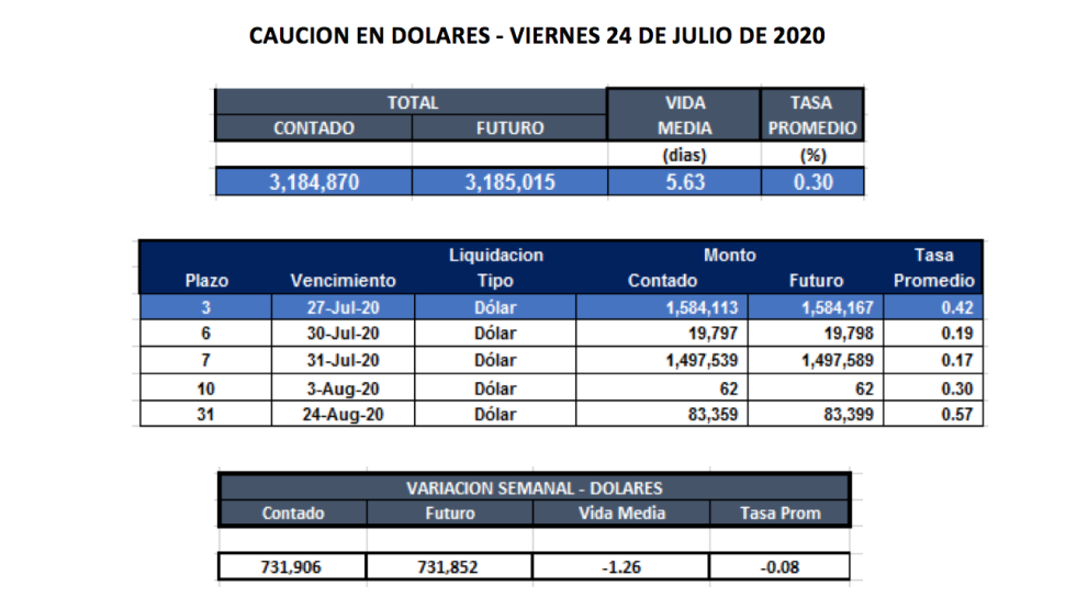 Cauciones bursátiles en dólares al 24 de julio 2020