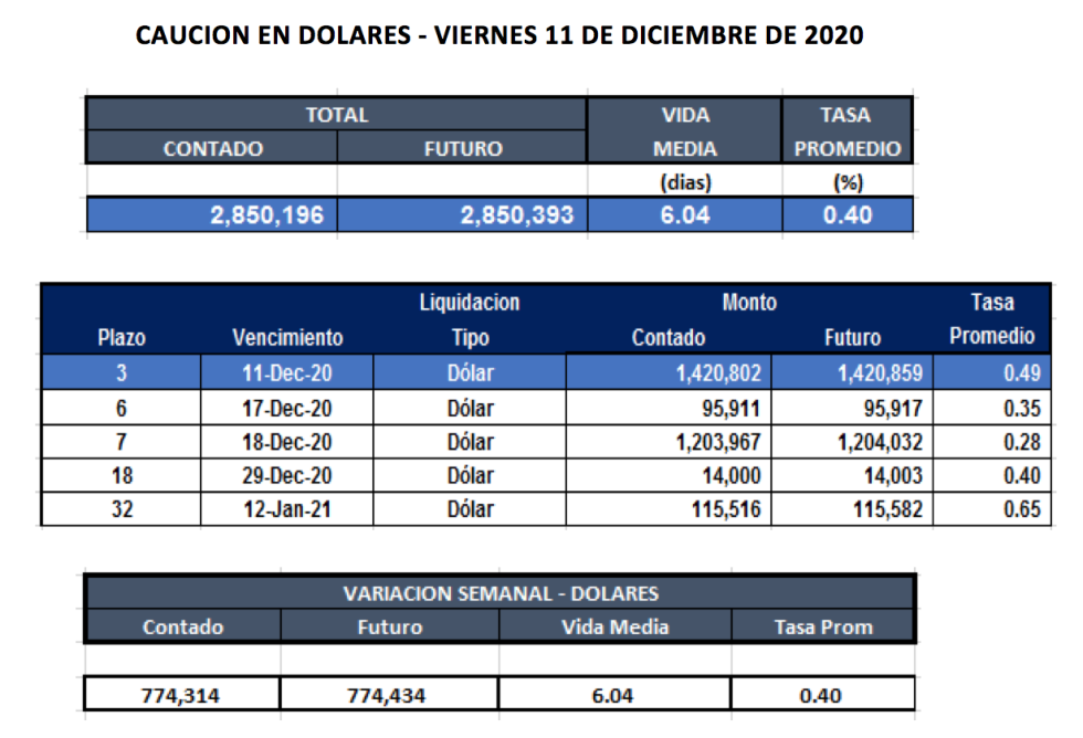 Cauciones bursátiles en dólares al 11 de diembre 2020