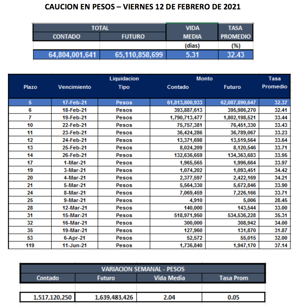 Cauciones bursátiles en pesos al 12 de febrero 2021