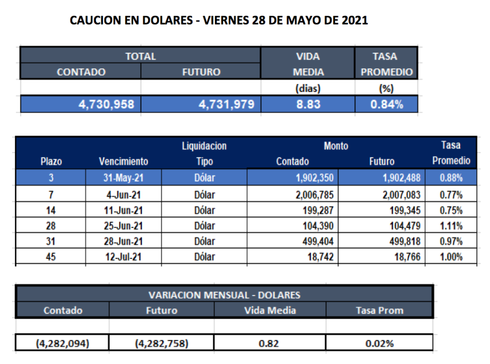 Cauciones bursátiles en dólares al 28 de mayo 2021