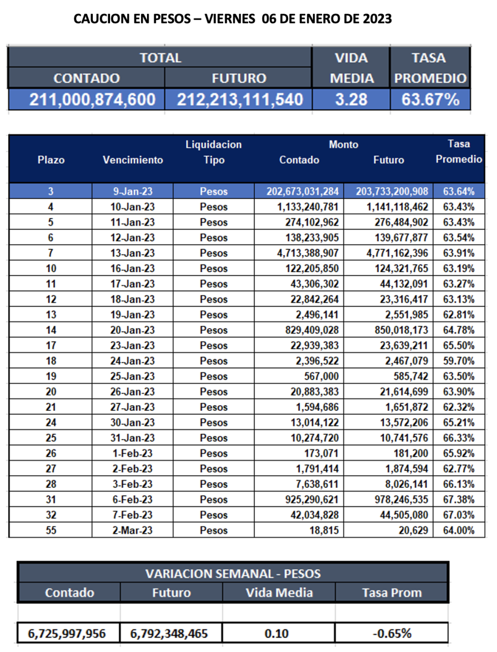 Cauciones bursátiles en pesos al 6 de enero 2023