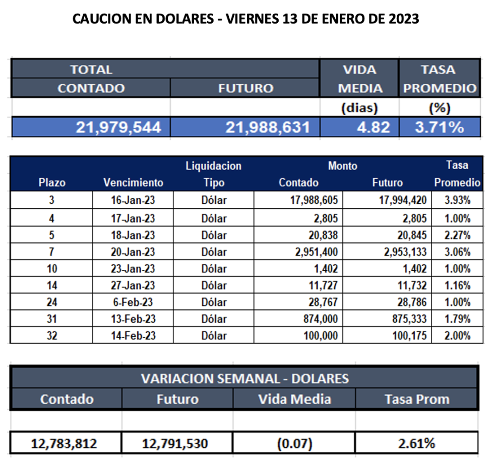 Cauciones bursátiles en dólares al 13 de enero 2023