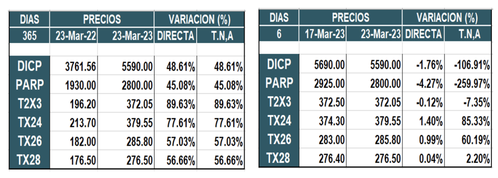 Bonos argentinos en pesos al 23 de marzo 2023