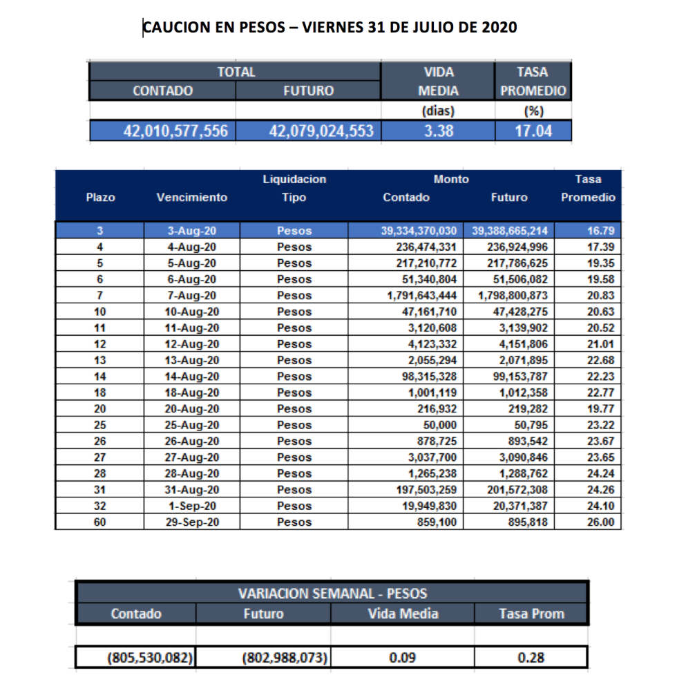 Cauciones bursátiles en pesos al 31 de julio 2020